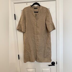 Lafayette 148 Shirt Dress Button Front 100% Linen Short Sleeve Tan Brown Large